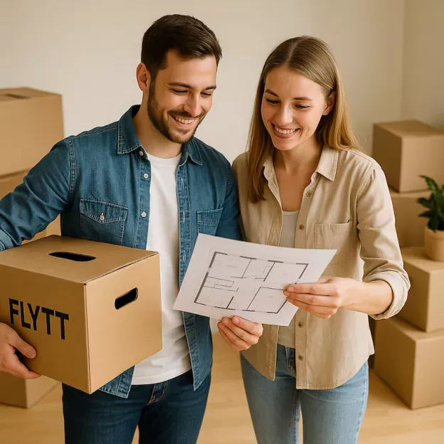 par flyttar tillsammans med flyttlådor och ritning